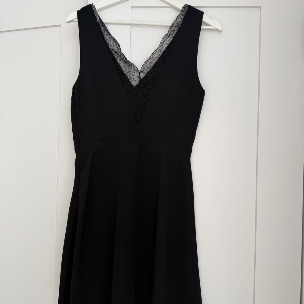 Mango Black V-Neck Midi Dress with Lace Trim